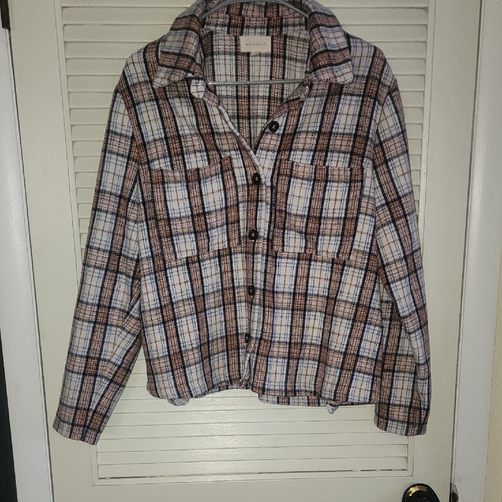 Melloday Plaid Shacket Jacket Cream Brown Blue Size L